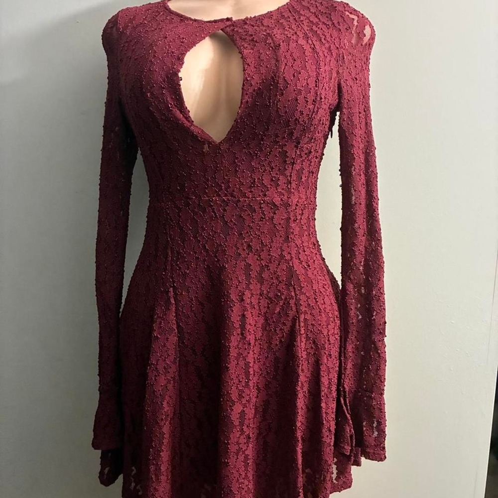 Free People Burgundy lace long sleeve dress